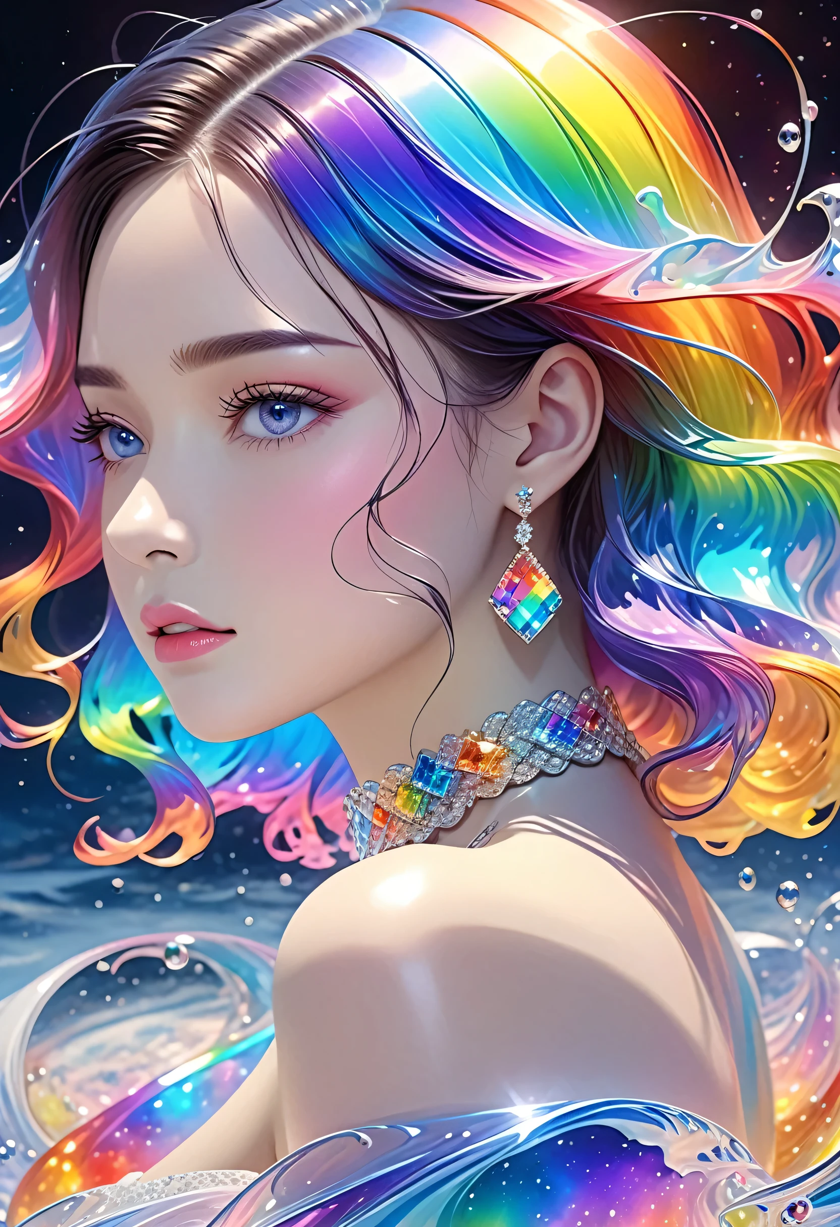 A beautiful young woman,Extremely detailed,Rich details,Jewelry,Jewelry,have, Mysterious Waves at Night. 3D. Rainbow Colors. The beauty of the melting universe. Surrealism in Nebula Reflections,32k