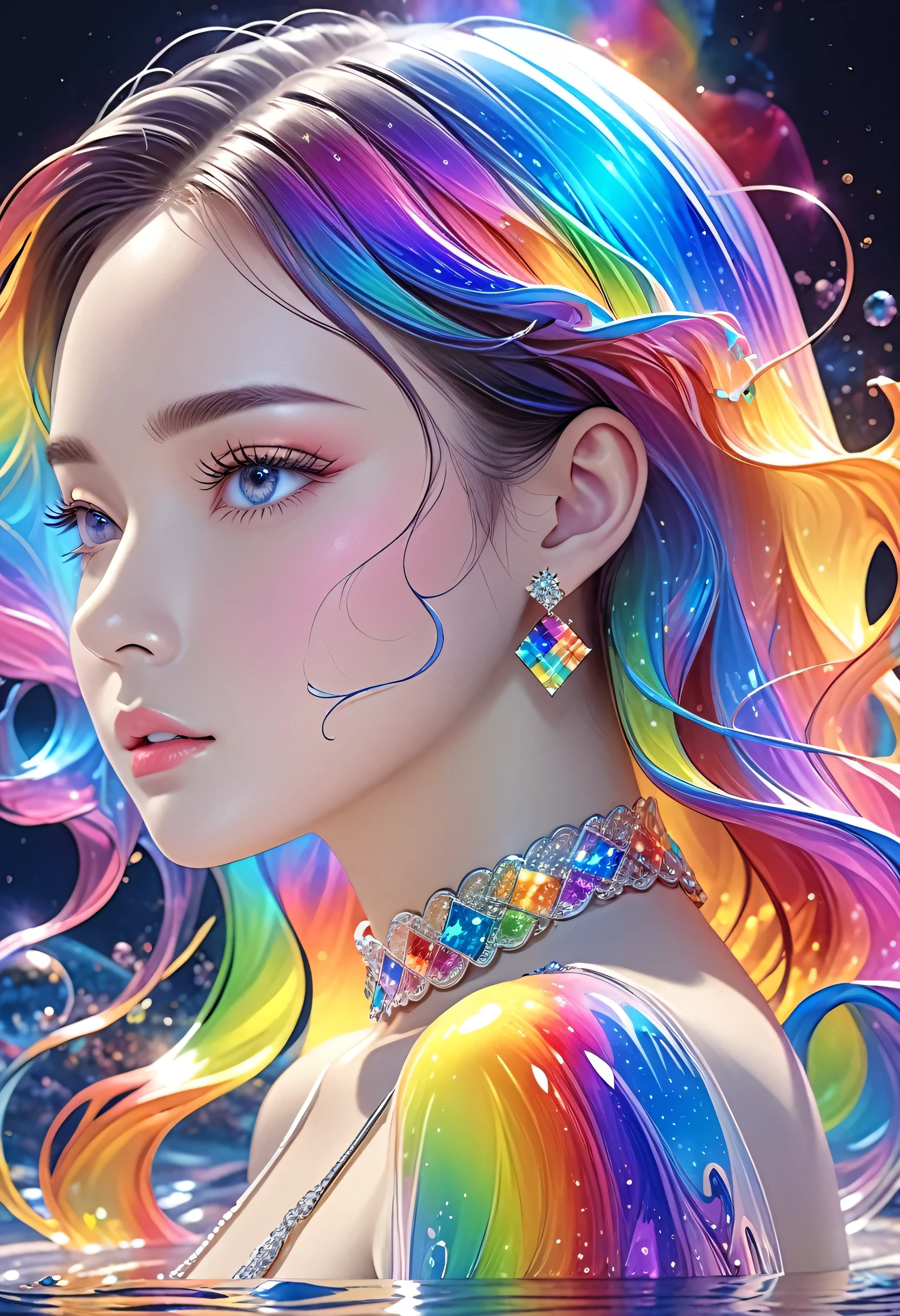 A beautiful young woman,Extremely detailed,Rich details,Jewelry,Jewelry,have, Mysterious Waves at Night. 3D. Rainbow Colors. The beauty of the melting universe. Surrealism in Nebula Reflections,32k