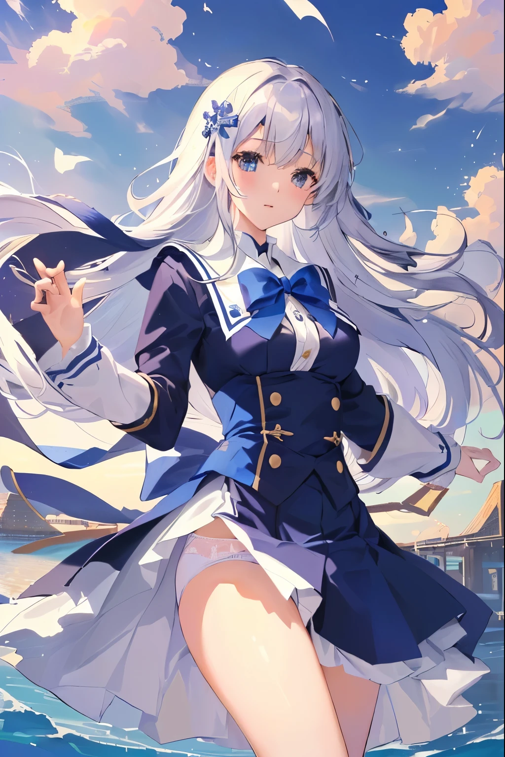 In 8K、highest quality、masterpiece、Super detailed、Ultra-high resolution、Anime Style、1. high school girl、強Wind、、((Holding the flipping skirt with your hand))、(impatient)White cotton panties:1.5), (Wind:1.25), (highest quality:1.0), (masterpiece:1.0), (Ultra-fine illustrations:1.0), Navy Blue Skirt、Lined、