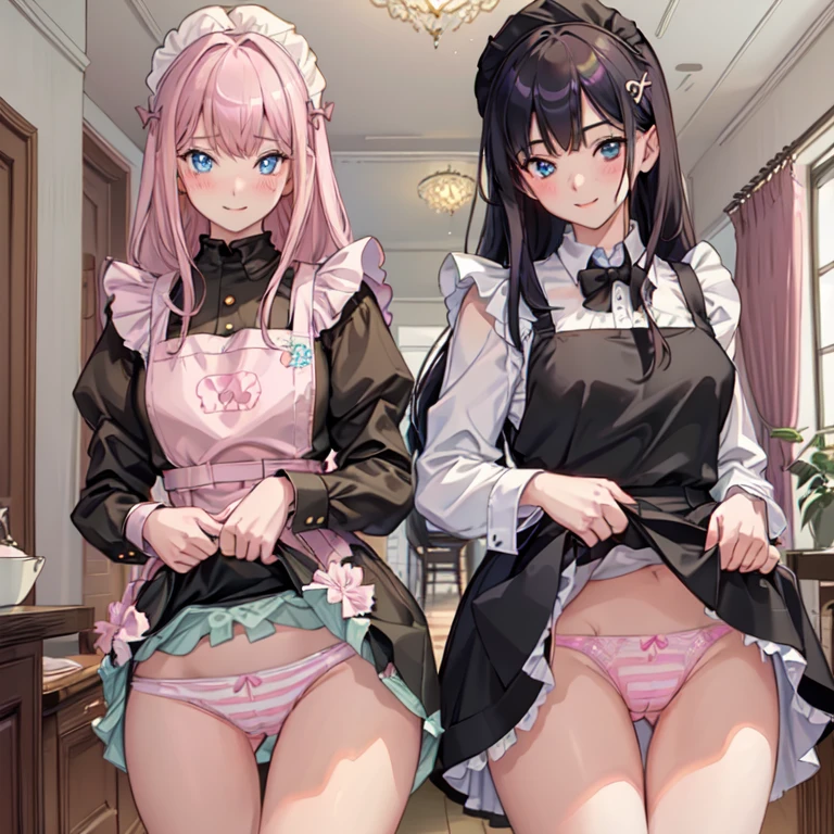highest quality, masterpiece, ((2 girls:1.5)), ((smile:1.3)), (blush:1.3), Black Shirt, blouse, ((fun!!)), (Small breasts), Blonde, (Long sleeve), ((White apron:1.5)), ((Maid)), ((hair ornaments)), Kamimei, look at me, ((in house:1.5)), Taking a break from watching the audience, Cowboy Shot, (skirtlift:1.3), (Highly detailed pink striped panties:1.3), (Highly detailed panties:1.3), (skirt that rolls up:1.3), (Panties fully exposed:1.5), Light blue eyes, long hair, Glowing Eyes