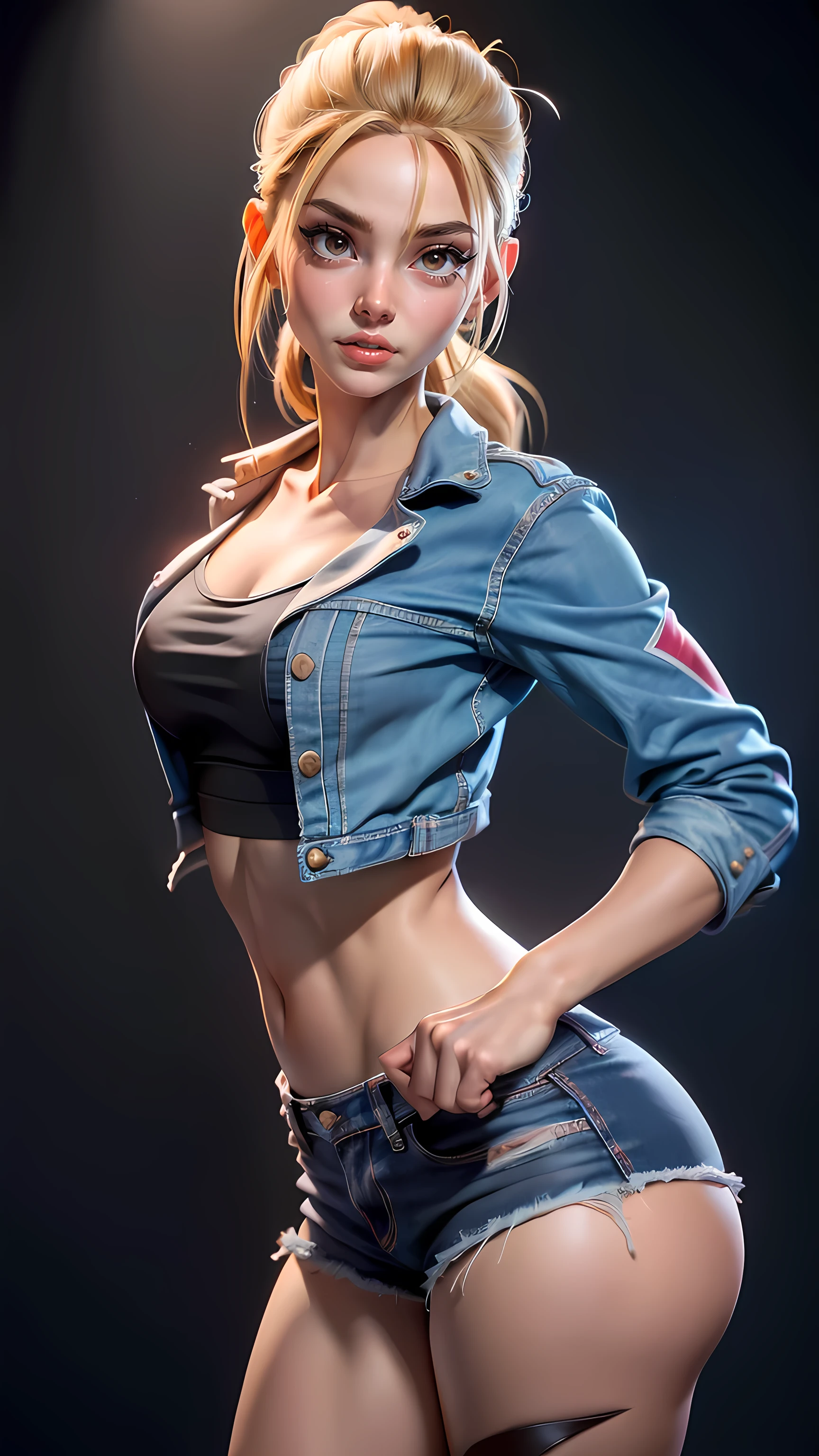((mejor calidad)), ((obra maestra)), ((realista)) black lingerie, black lingerie, and ultra detailed photography of a Cammy, (realista:1.2), (realism), (obra maestra:1.2), (mejor calidad), (ultra detallado),(8K, 4k, Intrincado),light particles, Encendiendo, (muy detallado:1.2), black camisa, white Camiseta sin mangas, blusa, escote, clavicle, denim, denim bermudas, chaqueta, mangas largas, ((ropa abierta)), open chaqueta, partially descomprimido, blue chaqueta, camisa, short bermudas, bermudas, Camiseta sin mangas, track chaqueta, descomprimido, ((Pechos grandes, Caderas grandes, ropa ajustada, escote, Mirando al espectador)), (abdominales:0.8), Enrojecido, debajo del pecho (realista:1.2), (realism), (obra maestra:1.2), (mejor calidad), (ultra detallado), (8K, 4k, Intrincado),(85mm),light particles, Encendiendo, (muy detallado:1.2),(cara detallada:1.2), (gradientes), vistoso,(ojos detallados:1.2),(antecedentes detallados),paisaje detallado, (dynamic angle:1.2), (regla de tercero_composition:1.3), (Line of action:1.2)