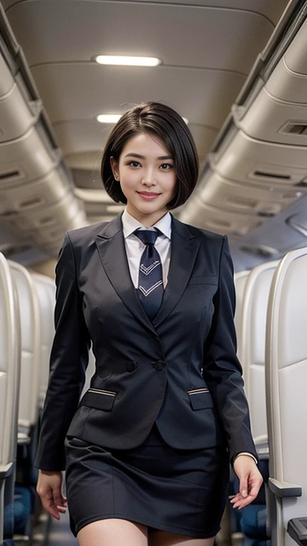 1beautiful womanl, 28years、hyperdetailed face、Detailed lips、A detailed eye、double eyelid、(Black bob hair、Smiling while walking gracefully down the aisle)、(Stewardess uniform:1.2)、((beautiful tie)) (Glamorous body)、(Colossal tits)、((short-cut hair))、（large full breasts）（big butts）（Plump body）（plump body shape）（ large full breasts）（Colossal tits）((J-Cup))、highs thighs thighs thighs, Perfect fit, Perfect image realism, Background with: (Business Class aisle on airplanes:1.2), Cowboy Shot, Meticulous background, detailed costume, Perfect litthing、Hyper-Realism、(Photorealsitic:1.4)、8K maximum resolution, (​masterpiece), ighly detailed, Professional