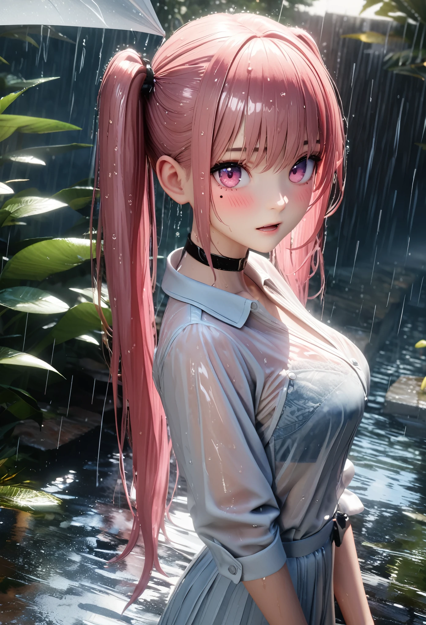 masterpiece, best quality, very detailed, high resolution, expensive resolution, high resolution, 4K, 8k, Unity 8k wallpaper, highly detailed CG, masterpiece, 2D, 3D, beautiful details, depth, fine texture, best quality: 1.3, perfect focus, transparent skin, him, rain, wet, wet clothes: 1.2
Very cute anime girl, (bra visible through white blouse wet from pouring rain, miniskirt), large breasts, expensive twin tails hair, one girl, rain, (raindrops dripping from wet hair, bra visible through thin blouse wet from rain, miniskirt), mole under eye, looks at the viewer, expensive, blush, mole, open lips, heart, pink eyes, choker, white transparent bra