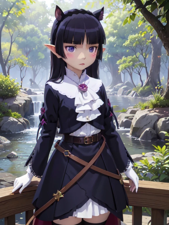 ((ruri gokou)), One girl, blush, Black Hair, Mole, Mole under eye, Hime cut, Elf, ((dark elf)), (Long ears), wood々In harmony with, (Fairy), magic, Black Costume, Robe, Mid-length skirt, Archer, Forest People, longbows, magic, wood々Spirits of, elven robe, hood, cloak, dark tunic, gloves, belt, Lush forest, magicの森, Gothic Lolita