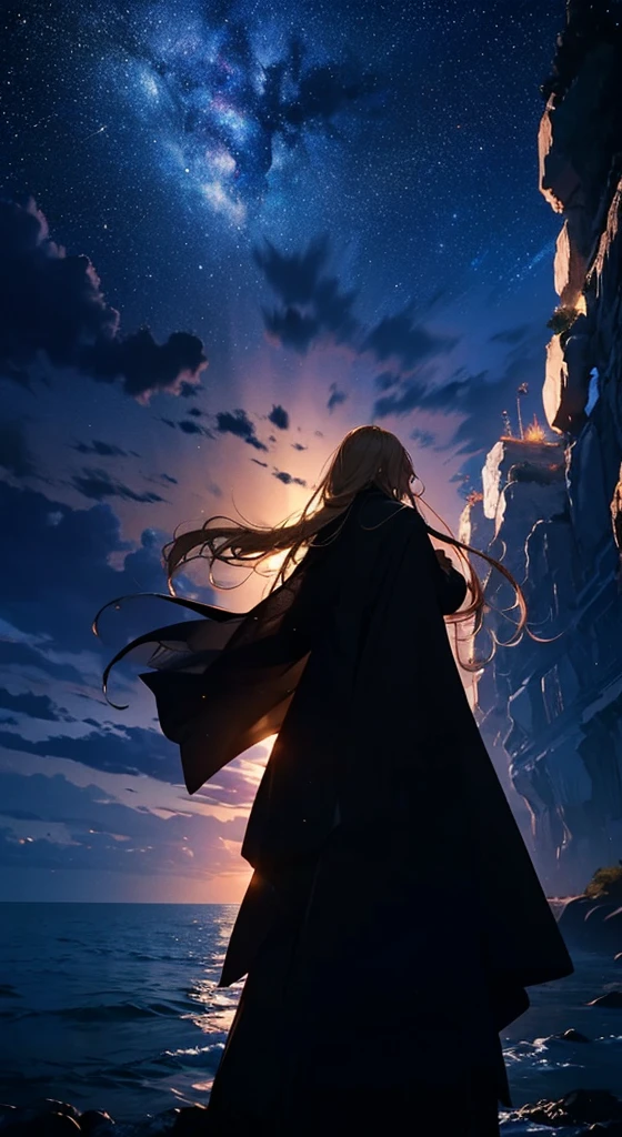 1people々,Blonde long-haired woman,Long coat, Dress Silhouette, Rear View,Raise your hand to grab something,Space Sky, The boundary between sea and space,