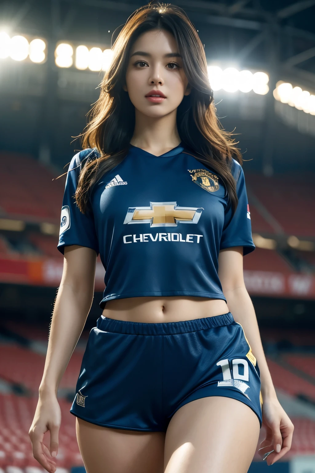 A beautiful woman with a large bust, wearing a Manchester United jersey, shorts, big thigh, at a stadium, detailed facial features, high-quality 8K rendering, realistic, photorealistic, HDR, ultra-detailed, studio lighting, vivid colors, professional, hyperrealistic, intricate details, cinematic lighting, dramatic lighting, mesmerizing, striking pose, dynamic composition, volumetric lighting, impactful, emotionally compelling, visually stunning