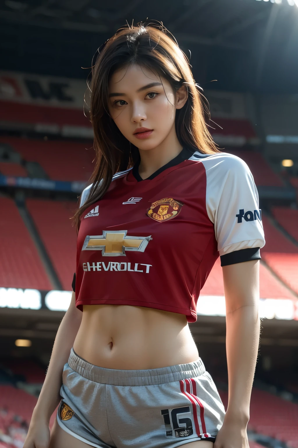 beautiful young woman, short wavy brown hair, plump curvy body, wearing manchester united jersey, big thighs, bedroom interior, soft natural lighting, hyper detailed, 8k, cinematic, portrait, photorealistic
