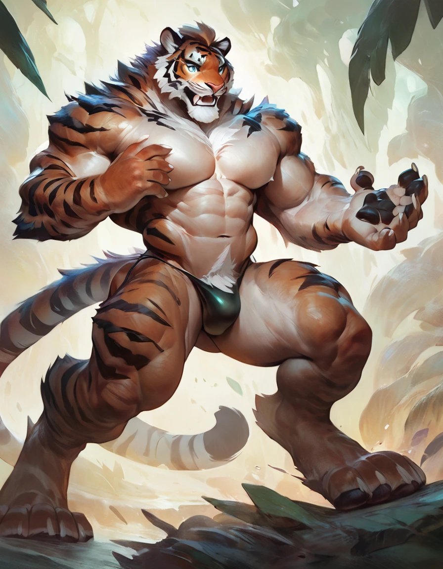 Solo,,Transformation, man looking in shock as his hand morphs into a tiger paw, standing, concept art, by null-ghost, by darkgem, pecs, thong, 