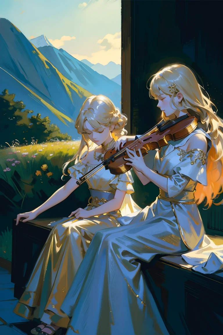 detailed full body portrait,(A painting of two girls with an oboe and a violin), Pale gold dress Andy Jurgens (mandy jurgens) A realistic painting was created, transformation, Figurative art, Detailed Description, Realistically, Artwork, Contour, View from the side, Colorful Noise, Visual clutter,Modern aesthetics、Viennese style、Four Seasons Discount々A vast mountain foothills where beautiful nature spreads out