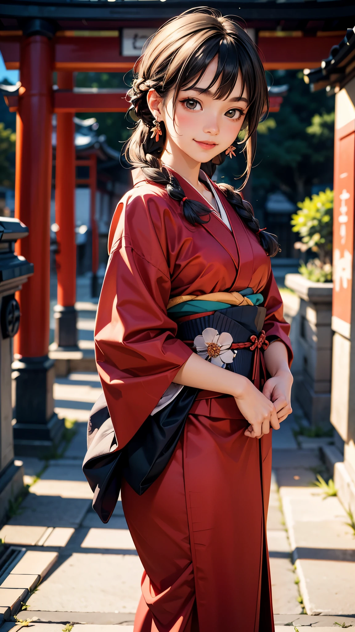 (RAW photo, best quality), (Beauty photography:1.3),(masterpiece), Composition from the waist up,japanese,1girl, ((Braided Hair)), looking at the viewer, standing, smiling, earrings, necklace, outdoors, Detailed traditional Japanese kimono,asymmetric_bangs,Japanese shrine background、Red Torii Gate、((formal japanese kimono))、Background blur