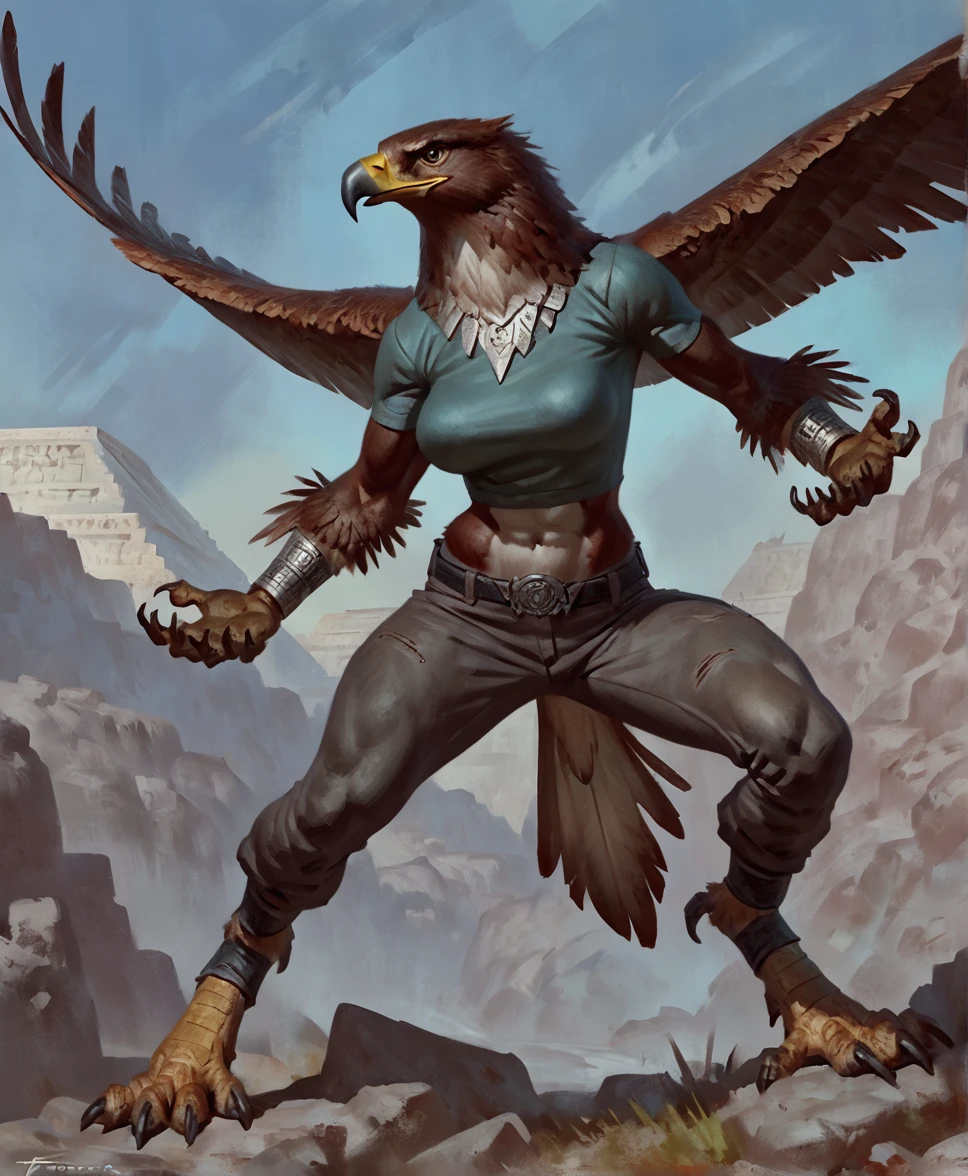 Eagle, feathers, comic book style, illustration, solo, abs,, ferocious, feminine body, [[badass pose]], masterpiece, best art, full body, digitigrade, by taran fiddler, pants, shirt, detailed hands, tall, detailed eyes, aztec