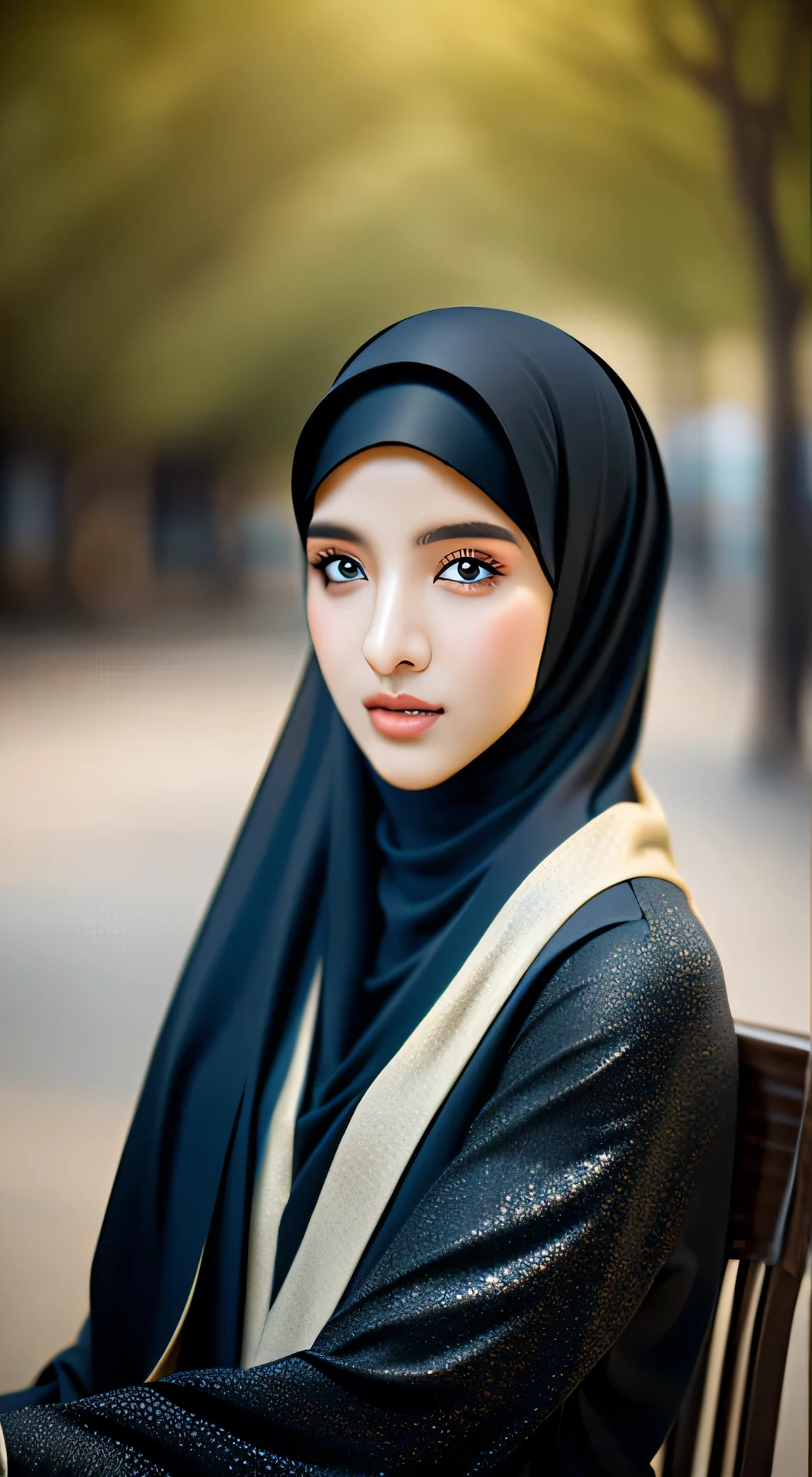1girl, solo, beautiful face, high detailed realistic eyes, double eyelids, high detailed realistic pupils, (upon body from head to waist:1.36), (wearing hijab:1.37), (moslem headscarf:1.37), reading glasses, sitting alone on a long chair, amazing mosque park background, taj mahal, best quality, masterpiece, highres, black and white moslem female dress, Beautiful face, (upon body from head to waist:1.35), tyndall effect, photorealistic, dark studio, two tone lighting, 8k uhd, dslr, soft lighting, high quality, volumetric lighting, candid, Photograph, high resolution, 4k, 8k, Bokeh, (hyperrealistic girl), (illustration), (high resolution), (extremely detailed), (best illustration), (beautiful detailed eyes), (best quality), (ultra-detailed), (masterpiece), (wallpaper), (photorealistic), (natural light), (rim lighting), (detailed face), (high detailed realistic skin face texture), (anatomically correct), (heterochromic eyes), (detailed eyes), (sparkling eyes), (dynamic pose), (hair completely covered by the hijab:1.35), looking to viewer, muslim clothing 