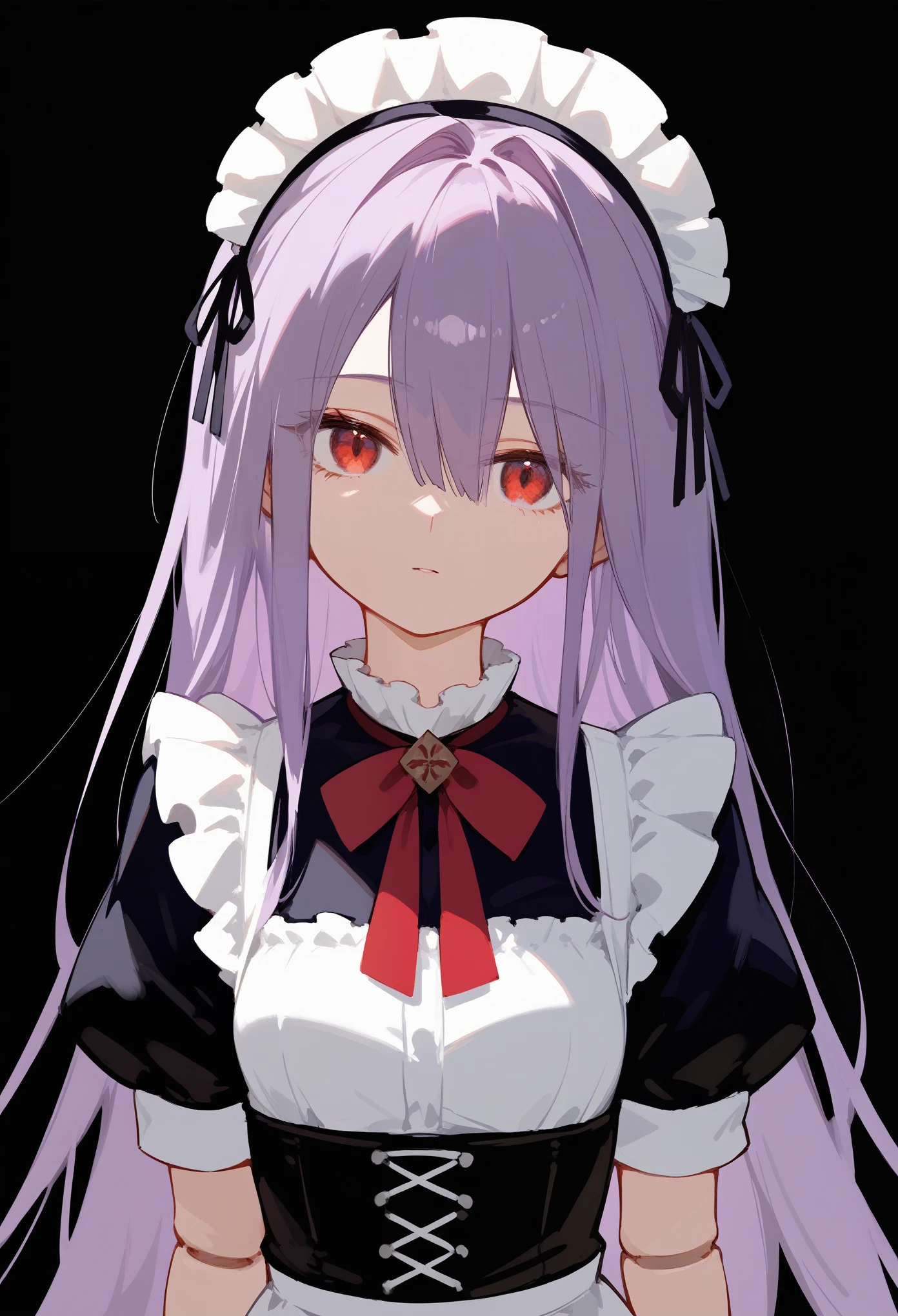 (score_9, score_8_up, score_7_up), 1girl, Upper body, maid outfit, short sleeves, absurdly long hair, light purple hair, long bangs, hair between eyes, eyes visible through hair, red eyes, doll joints, looking at viewer, neutral, innexpressive, small breasts, standing, arms on sides, head tilt, black background, simple background