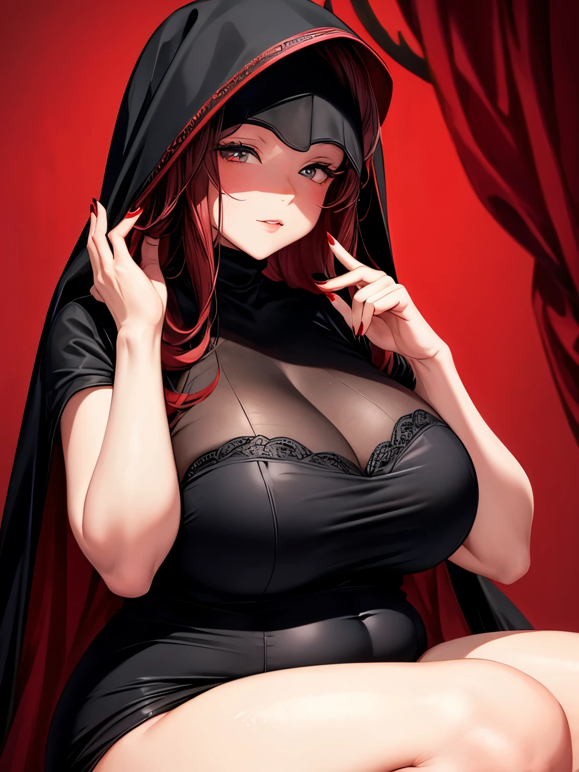 An elegant chubby woman, wearing a red veil covering her eyes, places her fingers on her lips, symbolizing silence. Her nails were long and painted bright red. The background is solid black
