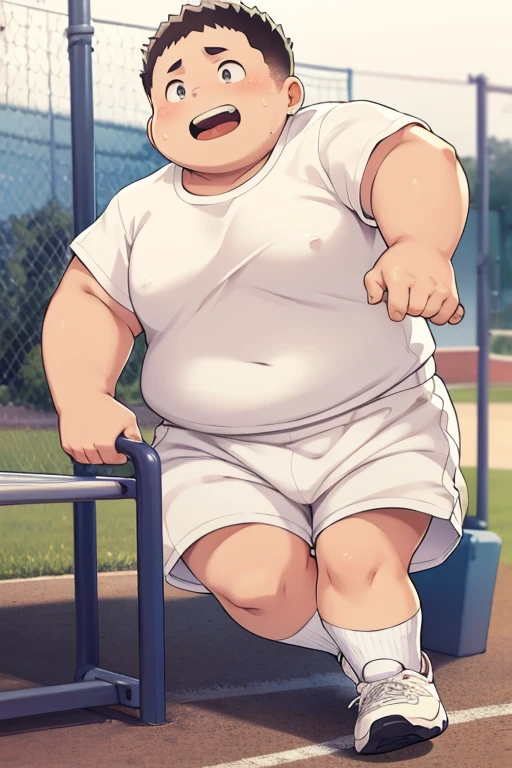 Fat, overweight, white socks, shorts, sports shoes, running, on the playground, sweating, white T-shirt,