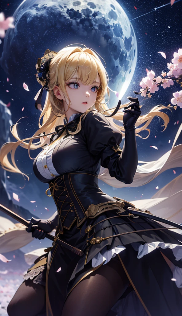 masterpiece, high quality, 4K, Beautiful design, silhouette，blonde， 非常に詳細な夜のStarry Sky,Flower Field， wonderful, Finer details,  Very knowledgeable woman, Highly detailed solo, 1 female,Big Breasts，Gothic Lolita Fashion，Night view，Starry Sky，full moon，