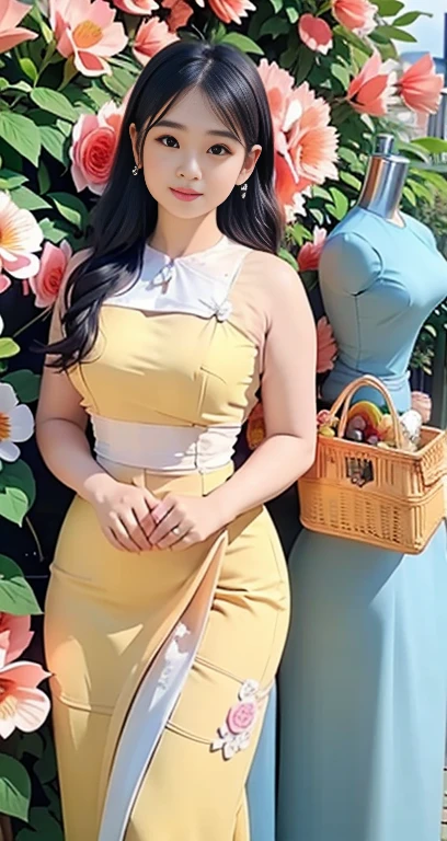 Burmese girl yellow Silk dress attractive curvy full body.  Friends full-length bikini, ( dress) reflective long dress painted with flower patterns, only dress.  hi gh hips  High resolution  High resolution  natural background  High resolution  HD  3D,  8K cartoon anime 