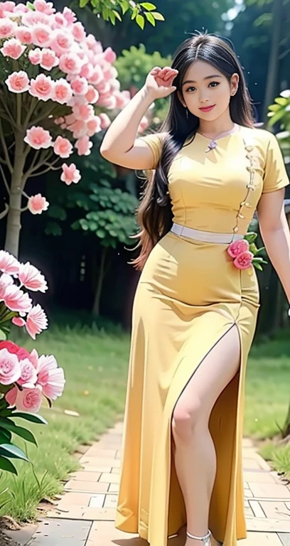 Burmese girl yellow Silk dress attractive curvy full body. Friends full-length bikini, ( dress) reflective long dress painted with flower patterns, only dress. hi gh hips High resolution High resolution natural background High resolution HD 3D, 8K cartoon anime