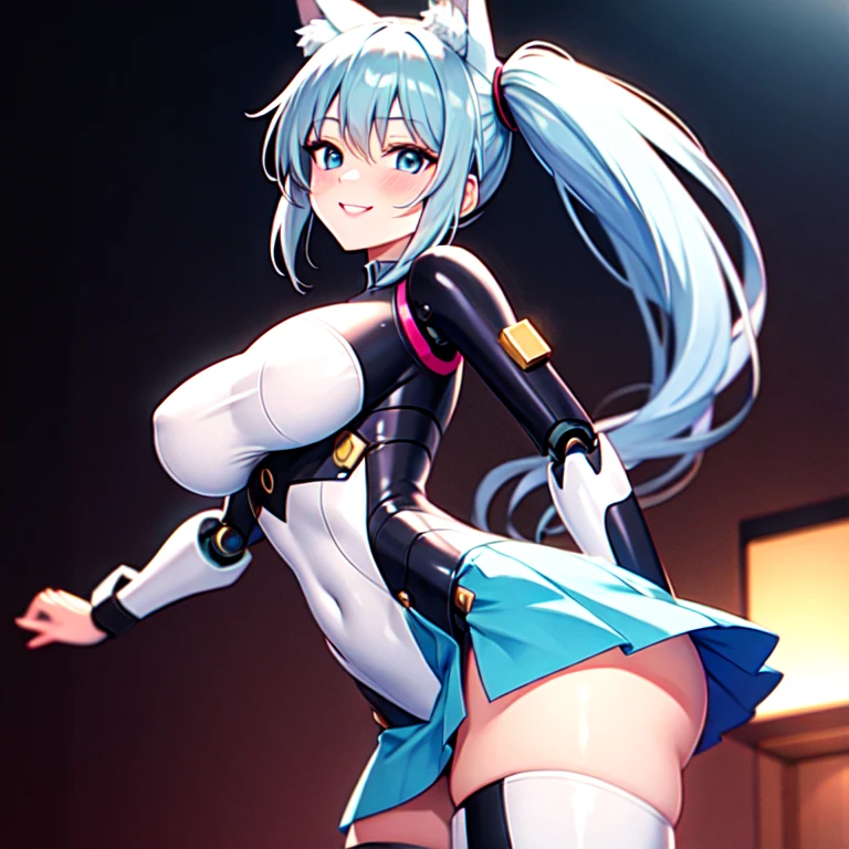 A highly detailed anime art style, a beautiful woman, solo standing:1.5, ((perfect human body)), bottomless, animal ears, bangs, blush, bodysuit, ((robotic parts)), breasts, large breasts, long hair, long sleeves, (looking to left), skin tight, smile, solo, twintails, very long gray hair, fantasy background, (masterpiece:1.4), (shiny skin), light blue eyes, mini skirt