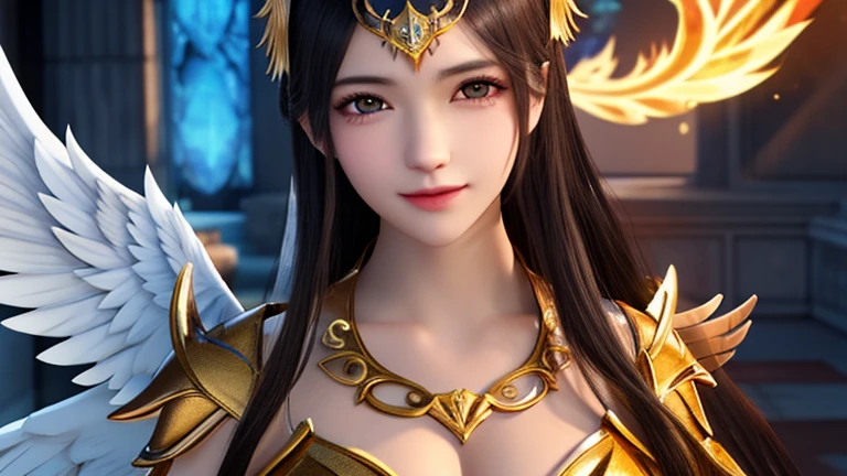 ((best quality)), ((masterpiece)), (detailed), Perfect face,, Perfect body,Perfect body,Close-up of a woman wearing a golden costume with wings, Angel golden armor, The majestic angel, angel knight girl, Final Fantasy Tactics Characters, Mysterious Atlantean Valkyrie, as a Mysterious Valkyrie, Seraph, Maple Leaf Story Character Art, With fiery golden wings, Golden Wings, April Rendering, Mysterious Valkyrie,