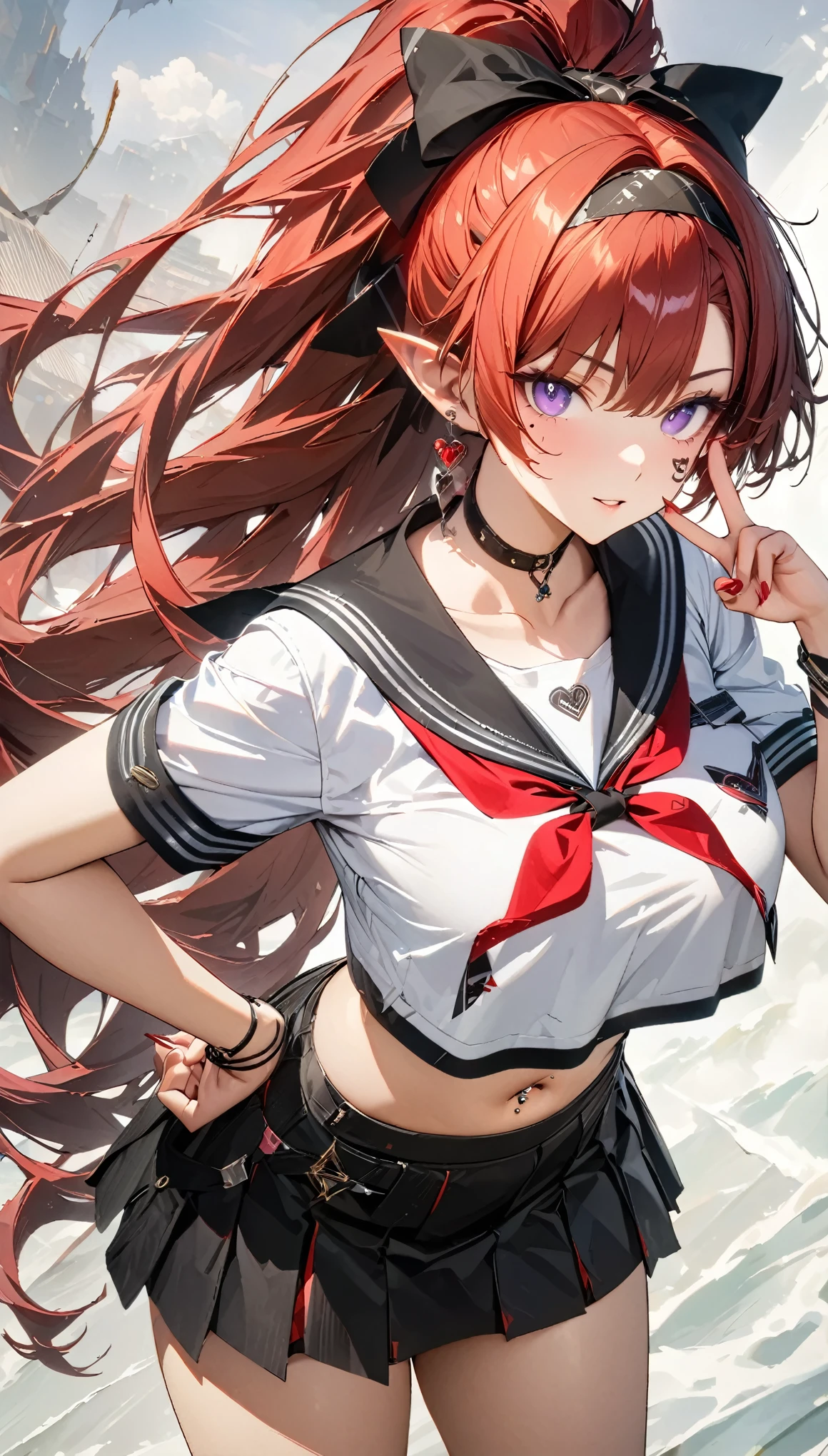 masterpiece, top quality, best quality, official art, beautiful and aesthetic:1.2),(8k, best quality, masterpiece:1.2), (((masterpiece))),(((best quality))),(((extremely detailed))), illustration, who, (masterpiece, top quality, best quality, official art, beautiful and aesthetic:1.2),(8k, best quality, masterpiece:1.2), yinlin_(wuthering_waves), 1girl, solo, pointy ears, score_9,score_8_up,score_7_up,mole_under_eye, clothing_cutout, 1girl, solo, skirt, long hair, , red hair, navel piercing, serafuku, hand on own hip, purple eyes, navel, pointy ears, jewelry, short sleeves, crop top, looking at viewer, choker, pleated skirt, very long hair, red nails, breasts, black choker, sailor collar, black skirt, shirt, ponytail, piercing, midriff, hairband, neckerchief, miniskirt, earrings, red neckerchief, cowboy shot, white shirt, standing, stomach, bracelet, black hairband, nail polish, heart, bow, black sailor collar, crop top overhang, thighs, hand up, hair bow, alternate costume, large breasts, w, parted lips, v, tattoo, white background