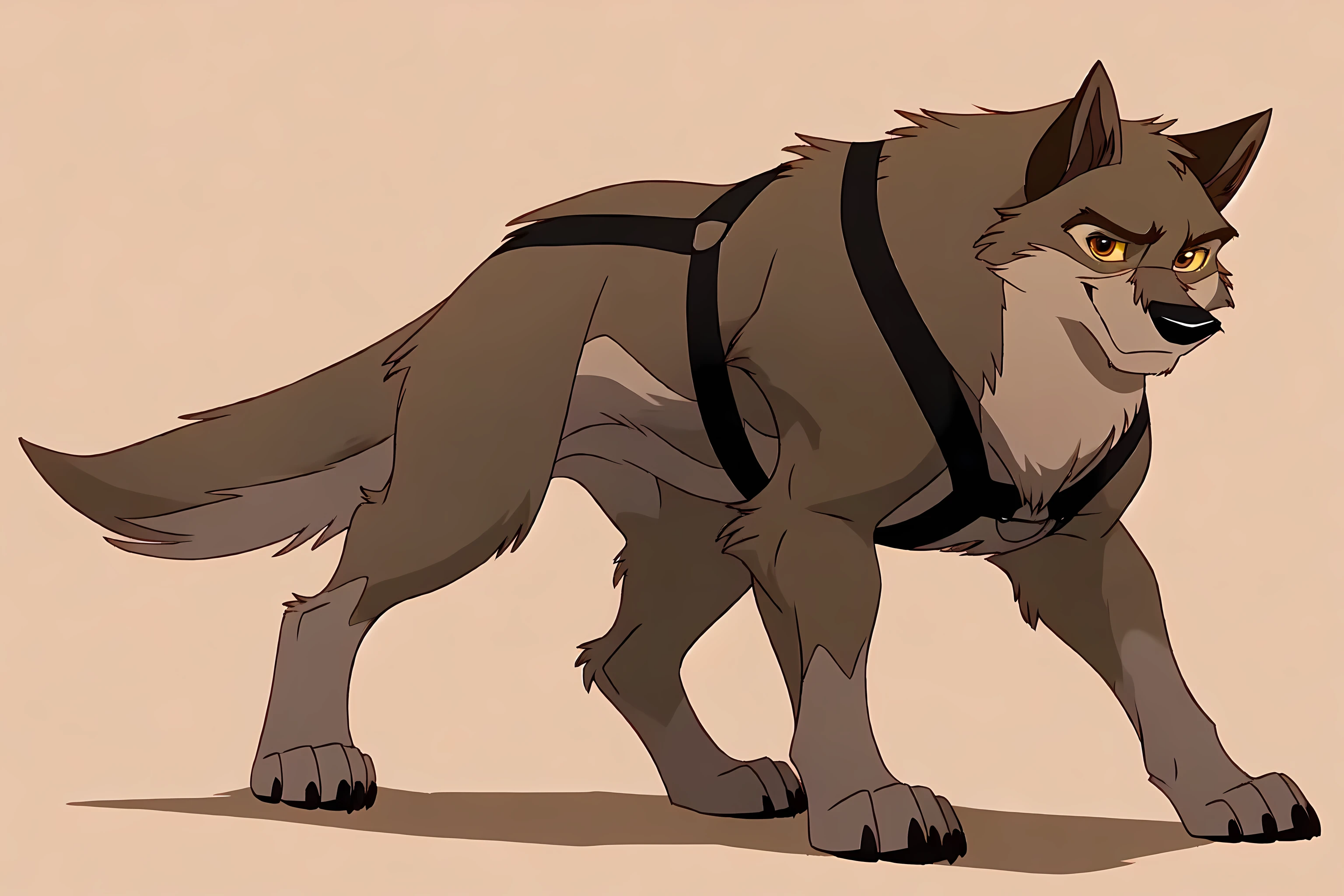 balto, full body, feral, detailed, detailed face, detailed eyes, quadruped, very muscular:1.0, pectorals:1.2, biceps, wfa anatomy, black lineart, black outline, male, masculine, adult, wolf, wolf body, wolf tail, brown iris, yellow sclera, cartoon shading, cel shaded:1.0, wearing black harness, detailed black harness, strong body, confident, proud