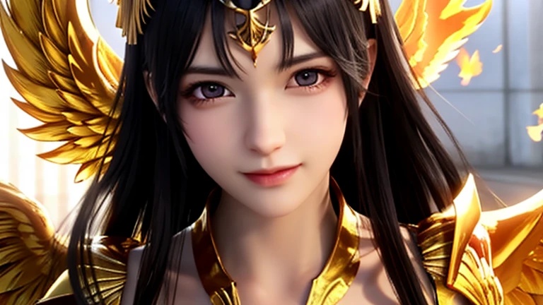 ((best quality)), ((masterpiece)), (detailed), Perfect face,, Perfect body,Perfect body,Close-up of a woman wearing a golden costume with wings, Angel golden armor, The majestic angel, angel knight girl, Final Fantasy Tactics Characters, Mysterious Atlantean Valkyrie, as a Mysterious Valkyrie, Seraph, Maple Leaf Story Character Art, With fiery golden wings, Golden Wings, April Rendering, Mysterious Valkyrie, 8K,1080P