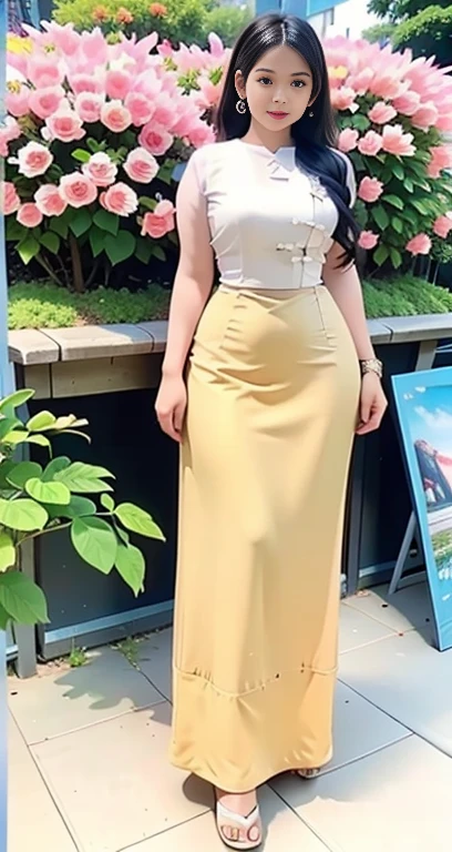 Burmese girl yellow Silk dress attractive curvy full body. Friends full-length bikini, ( dress) reflective long dress painted with flower patterns, only dress. hi gh hips High resolution High resolution natural background High resolution HD 3D, 8K cartoon anime