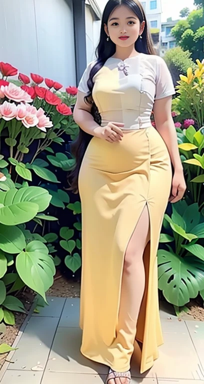 Burmese girl yellow Silk dress attractive curvy full body. Friends full-length bikini, ( dress) reflective long dress painted with flower patterns, only dress. hi gh hips High resolution High resolution natural background High resolution HD 3D, 8K cartoon anime