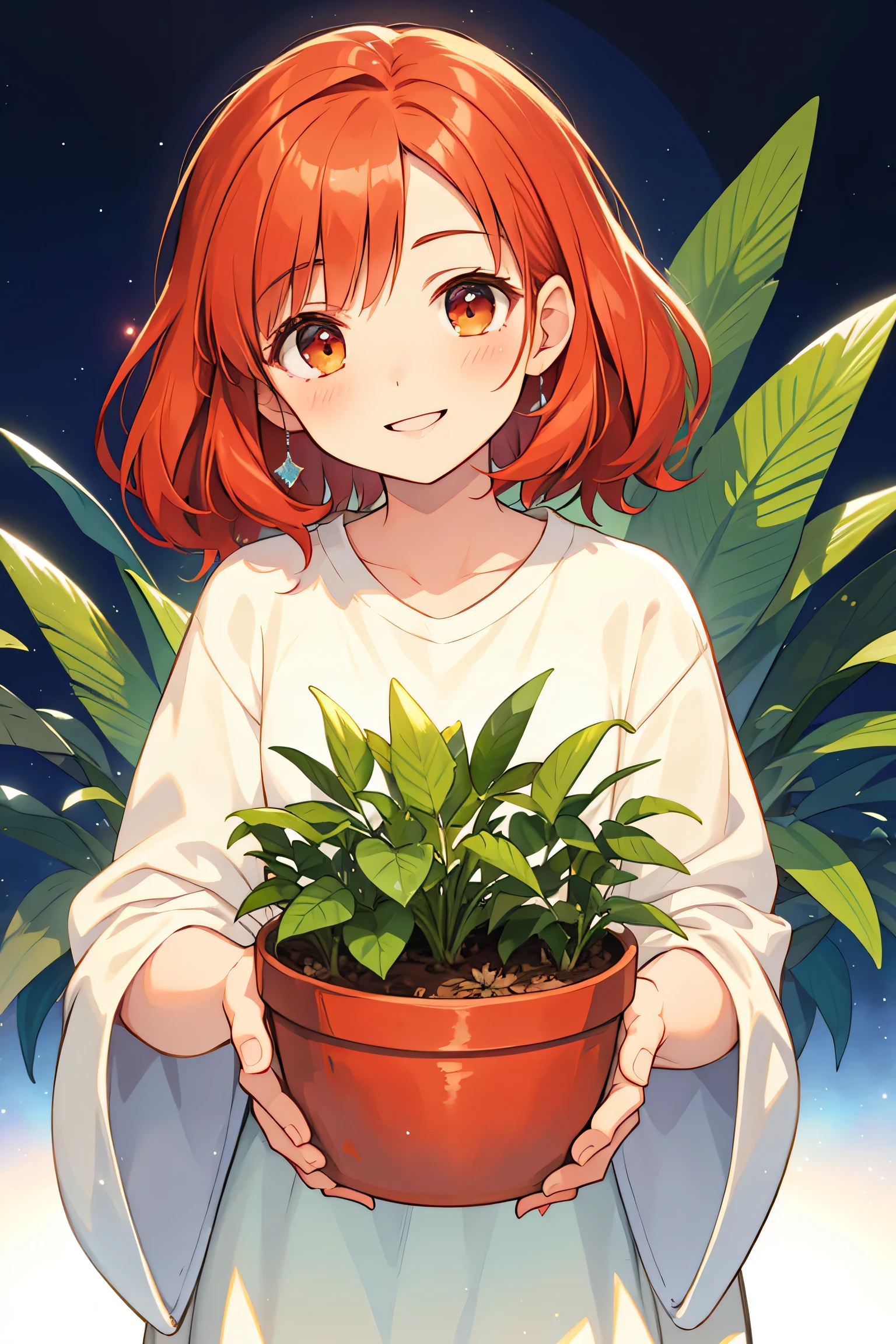 masterpiece, best quality, Watercolor cartoon girl with red hair smiling, holding a beautiful Crassula plant in a pot, in a galaxy shimmering detailed