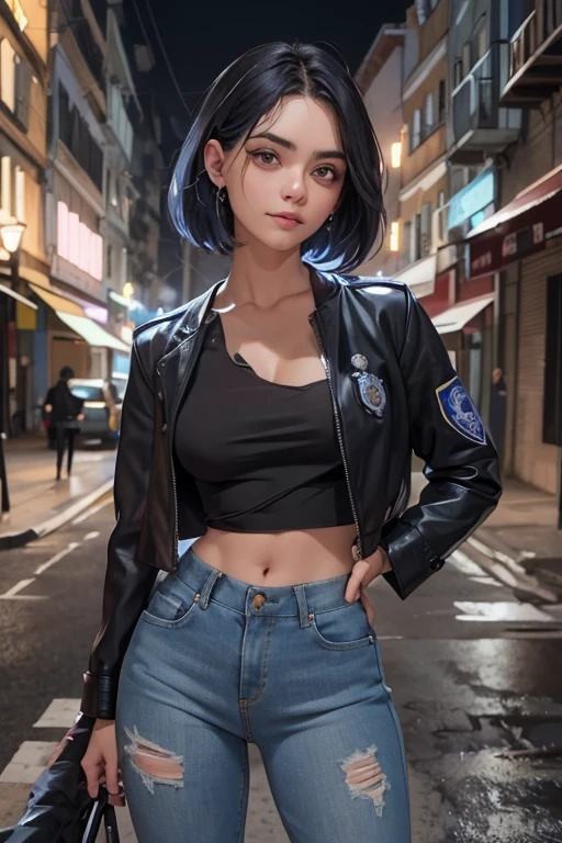 1 garota linda policial de noite, cabelos curtos estilo French bob batido na nuca, cabelo cinza, olhos claros, de noite, cidade noturna, clima sombrio, chuva suave, police badge and police accessories, vestindo uma blusa cinza e jeans escuros justos, jaqueta de couro curta policial, mostrando abdome definido, olhar encantador