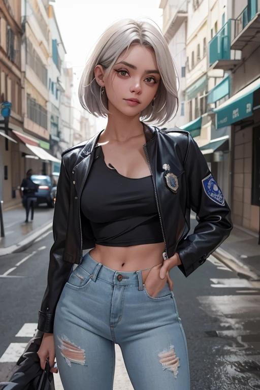 1 garota linda policial de noite, cabelos curtos estilo French bob batido na nuca, cabelo cinza, olhos claros, de noite, cidade noturna, clima sombrio, chuva suave, police badge and police accessories, vestindo uma blusa cinza e jeans escuros justos, jaqueta de couro curta policial, mostrando abdome definido, olhar encantador