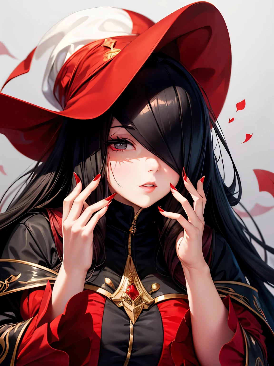 An elegant chubby woman, wearing a red veil covering her eyes, places her fingers on her lips, symbolizing silence. Her nails were long and painted bright red. The background is solid black