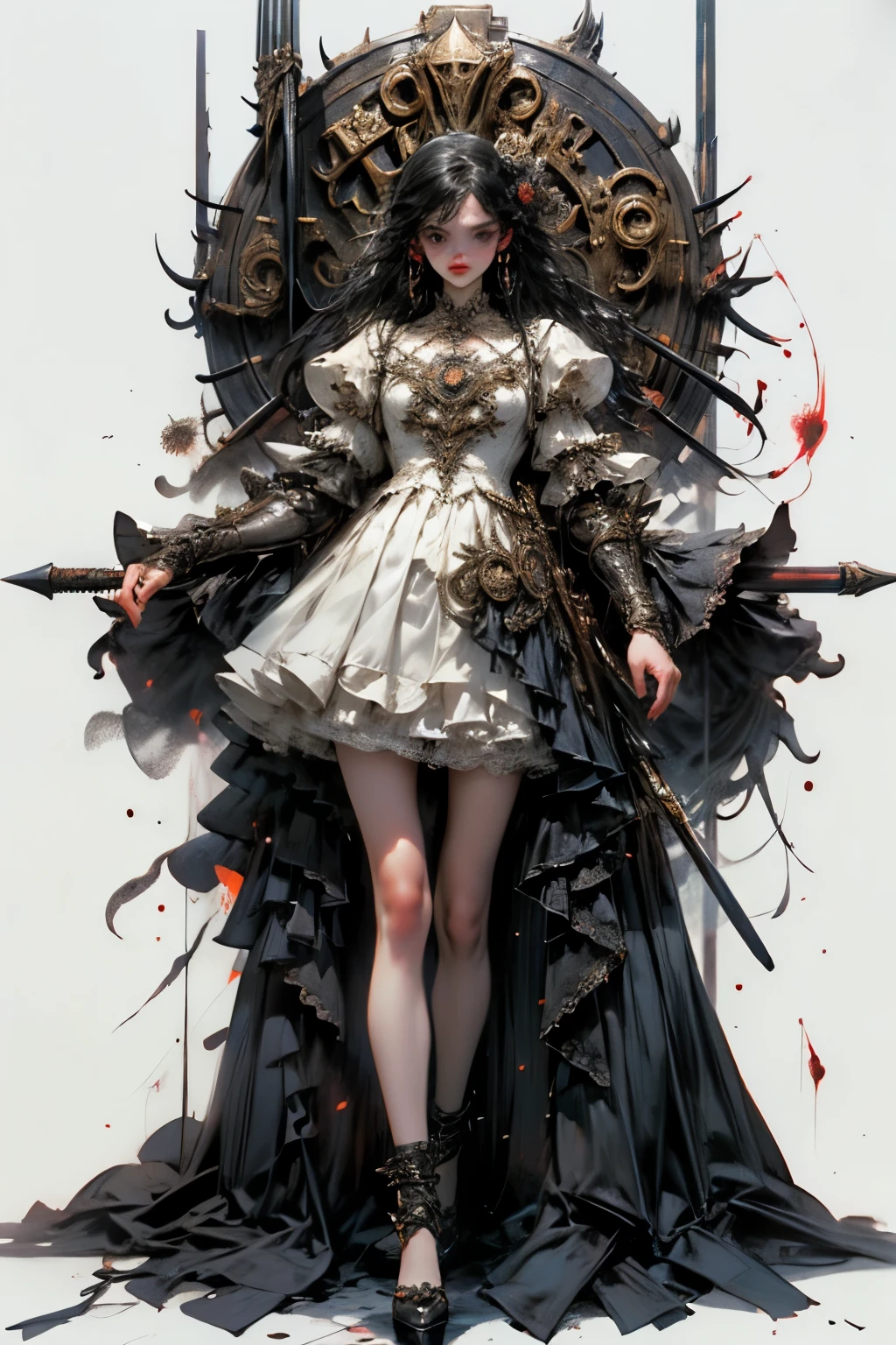 ((best quality)), ((masterpiece)), (detailed), perfect face ((best quality)), ((masterpiece)), (detailed), blank white background, plain background, white background, Bloodborne inspired,  occult aesthetic, occult, detailed and intricate steampunk and detailed gothic, NSFW, Very dramatic and cinematic lighting, cosmic horror, grim-dark, side-lighting, perfect face, a beaituful goddess adorned and enshrined in armour, Bloodborne inspired , occult aesthetic, occult, detailed and intricate steampunk and detailed gothic, wielding a sword and holding a shield, NSFW, Fluttering lace flared long knee length dress with frilly petticoats, knee length dress, pleated petticoats, lolita dress, petticoats gothic lolita, side-lighting, gothic lolita aesthetic, beautiful small breasts, small breasts, full body, whole body, body, plain background, white background, blank background, no background, white background NSFW, full body, whole body, head-to-toe
