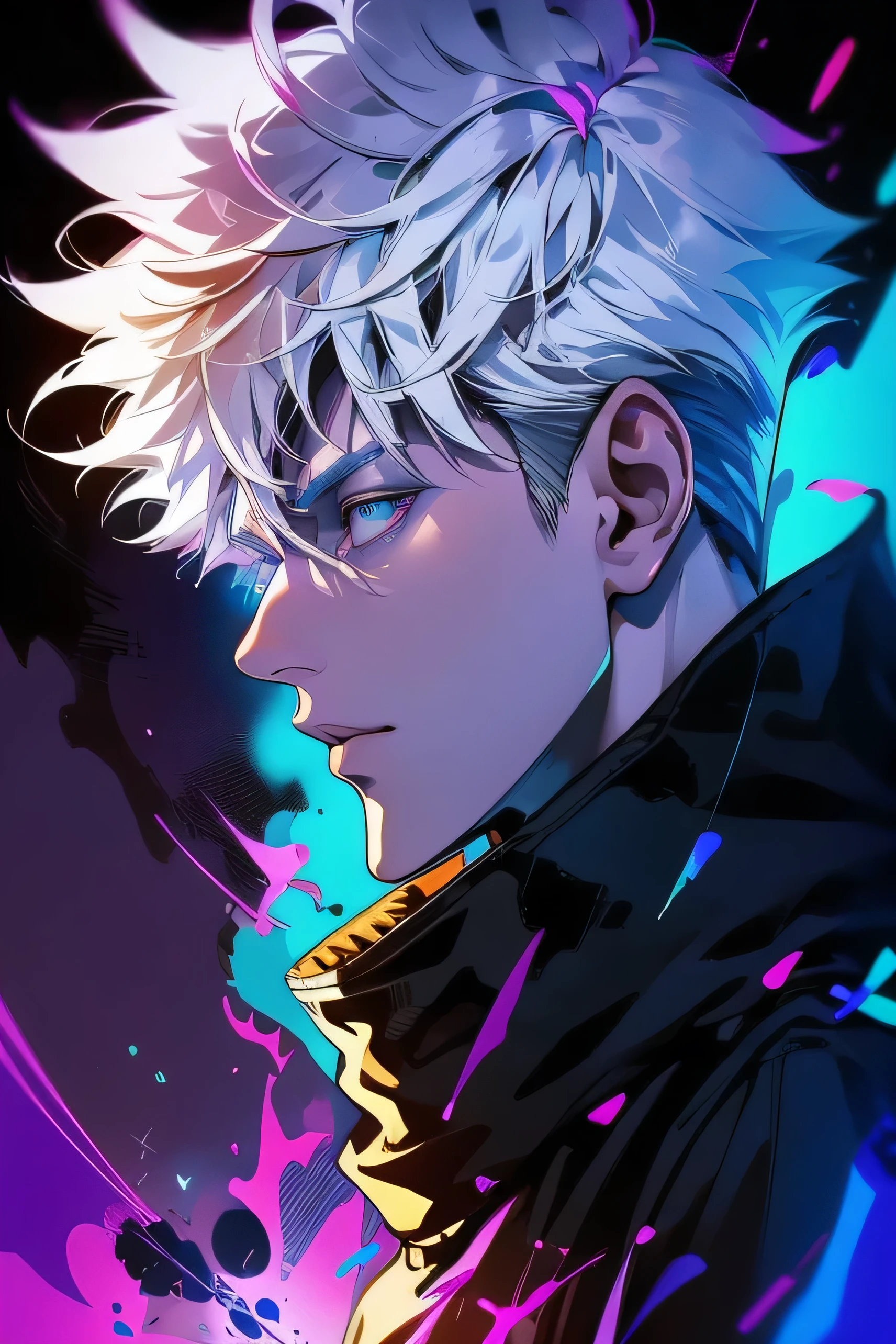 a man with white hair and a purple jacket holding a cell phone, cyberpunk art inspired by Munakata Shikō, tumblr, digital art, ufotable art style, anime wallaper, profile picture 1024px, trigger anime artstyle, badass anime 8 k, tokyo ghoul, 4k anime wallpaper, jujutsu kaisen