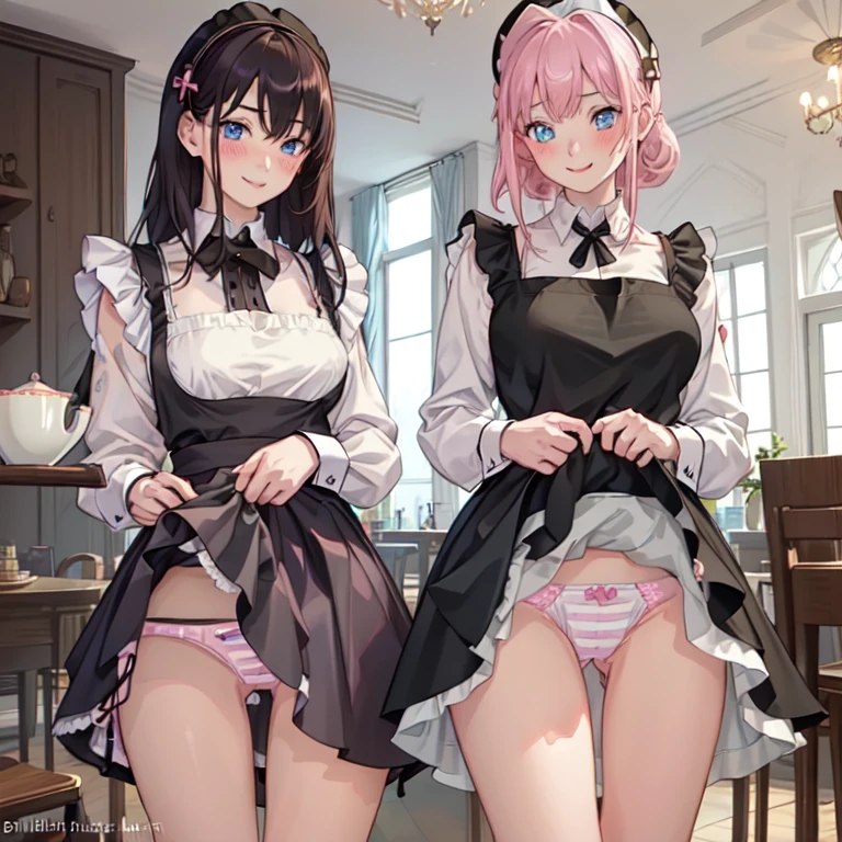 highest quality, masterpiece, ((2 girls:1.5)), ((smile:1.3)), (blush:1.3), Black Shirt, blouse, ((fun!!)), (Small breasts), Blonde, (Long sleeve), ((White apron:1.5)), ((Maid)), ((hair ornaments)), Kamimei, look at me, ((in house:1.5)), Taking a break from watching the audience, Cowboy Shot, (skirtlift:1.3), (Highly detailed pink striped panties:1.3), (Highly detailed panties:1.3), (skirt that rolls up:1.3), (Panties fully exposed:1.5), Light blue eyes, long hair, Glowing Eyes