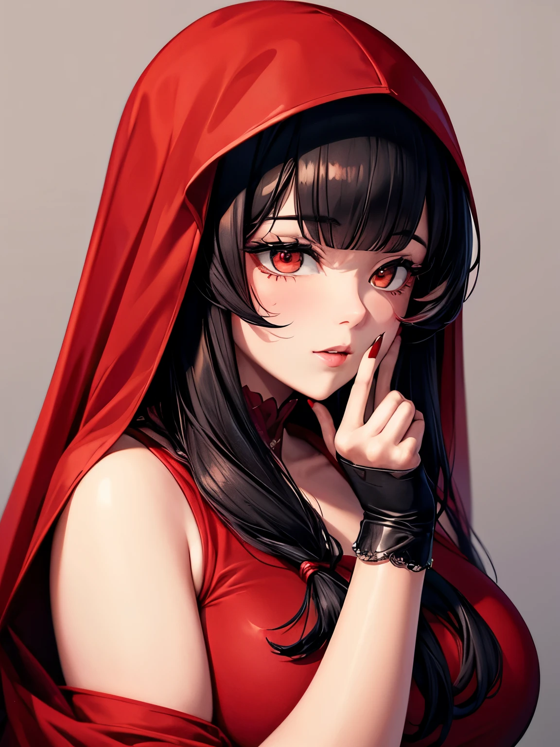 An elegant chubby woman, wearing a red veil covering her eyes, places her fingers on her lips, symbolizing silence. Her nails were long and painted bright red. The background is solid black