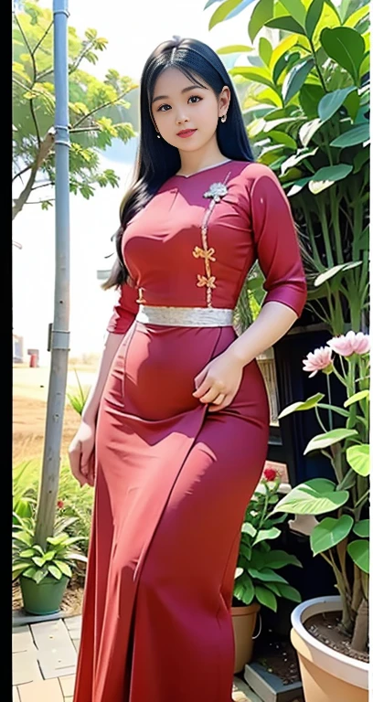 Burmese girl red Silk dress attractive curvy full body. Friends full-length bikini, ( dress) reflective long dress painted with flower patterns, only dress. hi gh hips High resolution High resolution natural background High resolution HD 3D, 8K cartoon anime