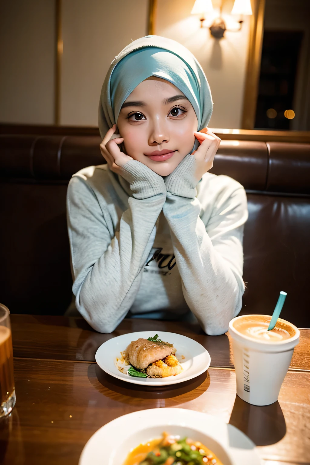 ((best quality)), ((masterpiece)), (detailed), perfect face, dating, hijab girl, beautiful, restaurant, dinner, beverage, coffee, malay, romantic environment, hoodie,0.5 view, big table,my food also,