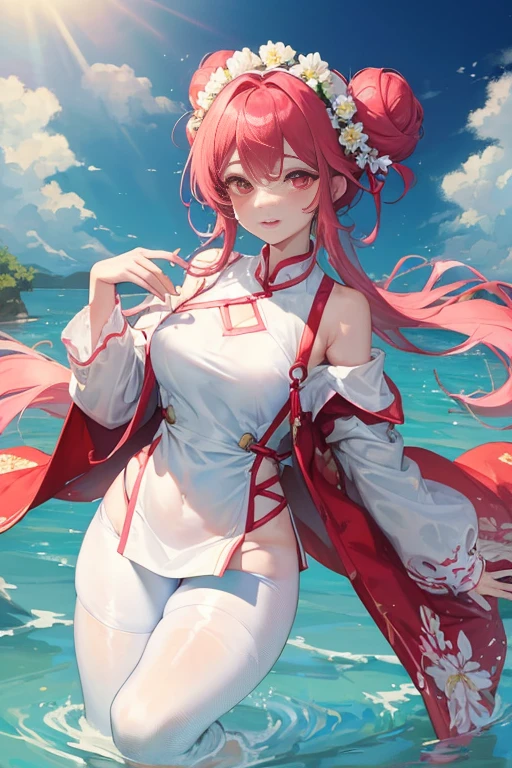 tmasterpiece、Need、1female、Blue cheongsam、 White cloth bun bun bun、Shoulder leakage、The chest is large、chubbiness、ssmile、White suspender tights、lace leggings、pale pink lip、hot springs,Pose in the water,(drenched all over the body),legs are open, solo, White polo shirt, looking at viewert, A high resolution,(Thigh thick:1.0),,ultra - detailed,tmasterpiece,Best quality at best,Yazawa Nico,red eyes, face flushed,Blunt hair,both hands on hip,greet,Flower headdress,Side