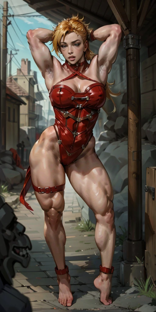 (masterpiece, best quality), intricate details, 1girl, Cammy White from Street Fighter (standing full body toe to head by wooden pole:1.2) iron collar, arms behind back, iron cuffs, shackles, bound, bondage outfit, harness, o-ring, bondage outfit blindfolded cover eyes, happy red cheeks, chain leash collar choker neck bell shackles wristbands bracers bracelets, cleave gag