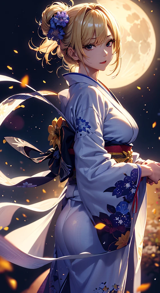 masterpiece, high quality, 4K, Beautiful design, silhouette,blonde, 非常に詳細な夜のStarry Sky,Flower Field, wonderful, Finer details, Very knowledgeable woman, Highly detailed solo, 1 female,Big Breasts,Yukata in white color,Night view,Starry Sky,full moon,