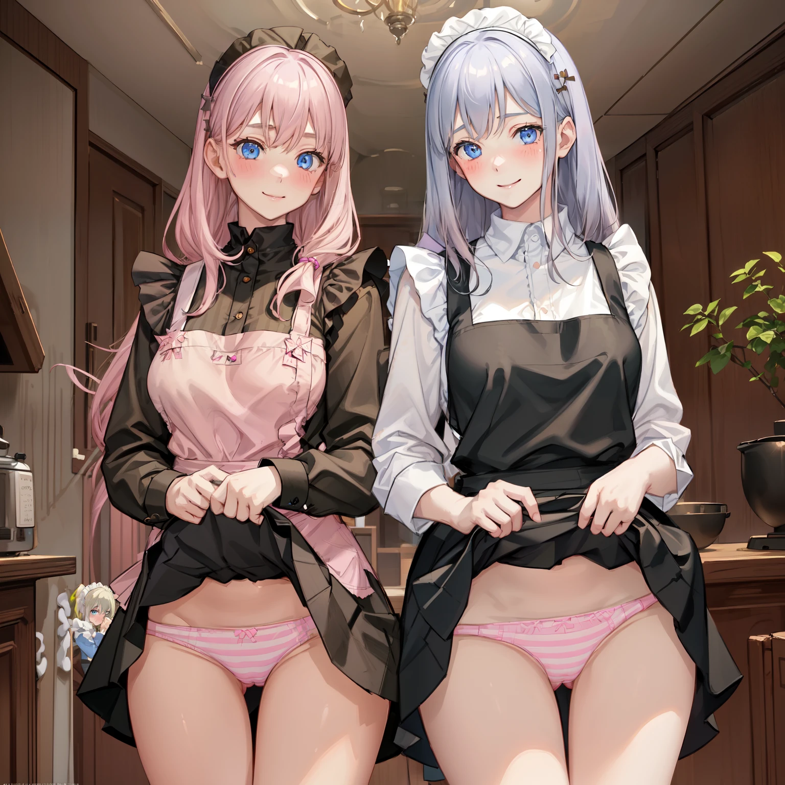 highest quality, masterpiece, ((2 girls:1.5)), ((smile:1.3)), (blush:1.3), Black Shirt, blouse, ((fun!!)), (Small breasts), Blonde, (Long sleeve), ((White apron:1.5)), ((Maid)), ((hair ornaments)), Kamimei, look at me, ((in house:1.5)), Taking a break from watching the audience, Cowboy Shot, (skirtlift:1.3), (Highly detailed pink striped panties:1.3), (Highly detailed panties:1.3), (skirt that rolls up:1.3), (Panties fully exposed:1.5), Light blue eyes, long hair, Glowing Eyes