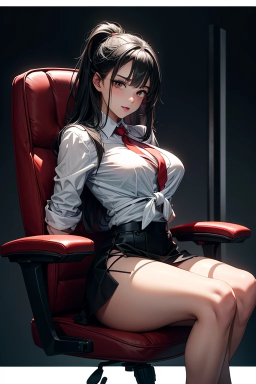 25 year old girl, Italian features, long loose black hair, super mega gigantic breasts, white shirt untied and torn, , black mini skirt, horror movie dungeon, tied to a horror movie torture chair, her arms are tied to the armrests of the chair, she is wearing a slave collar, her breasts are tied together