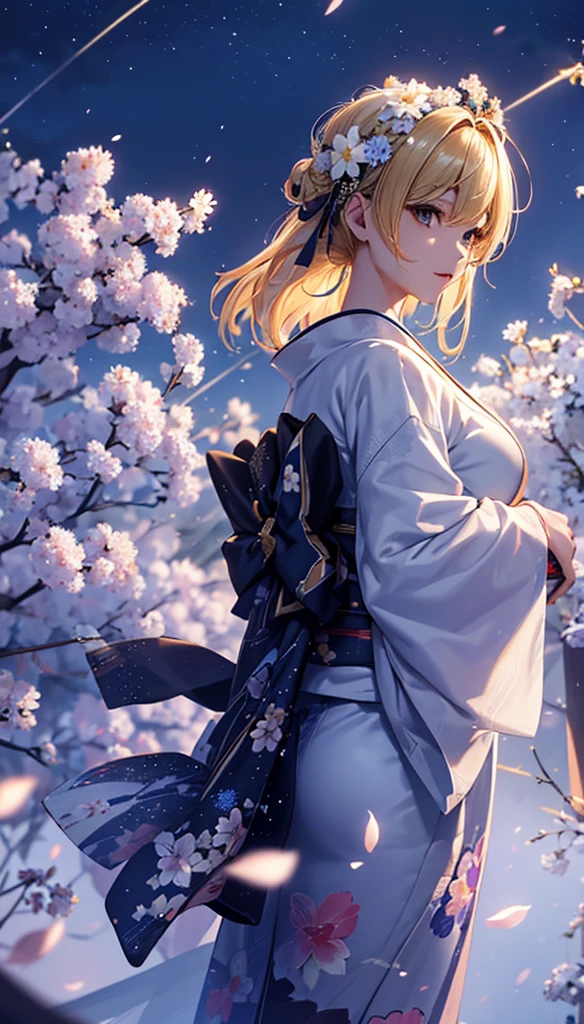 masterpiece, high quality, 4K, Beautiful design, silhouette,blonde, 非常に詳細な夜のStarry Sky,Flower Field, wonderful, Finer details, Very knowledgeable woman, Highly detailed solo, 1 female,Big Breasts,Yukata in white color,Night view,Starry Sky,full moon,