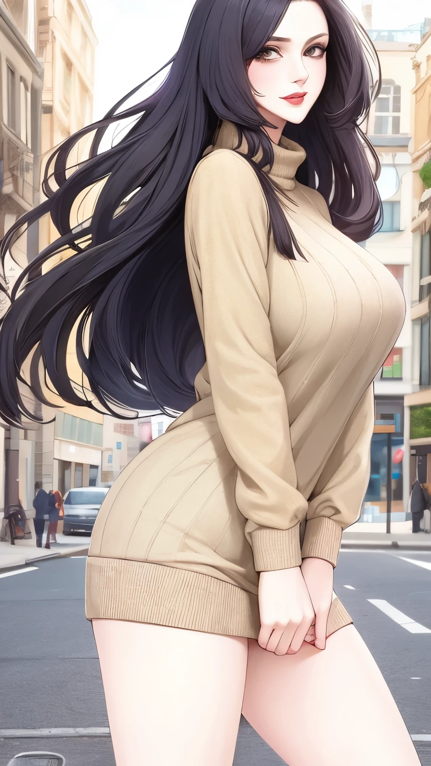 (masterpiece, best quality:1.2), 1girl, solo,mature_lady,black long hair, sweater,in street
