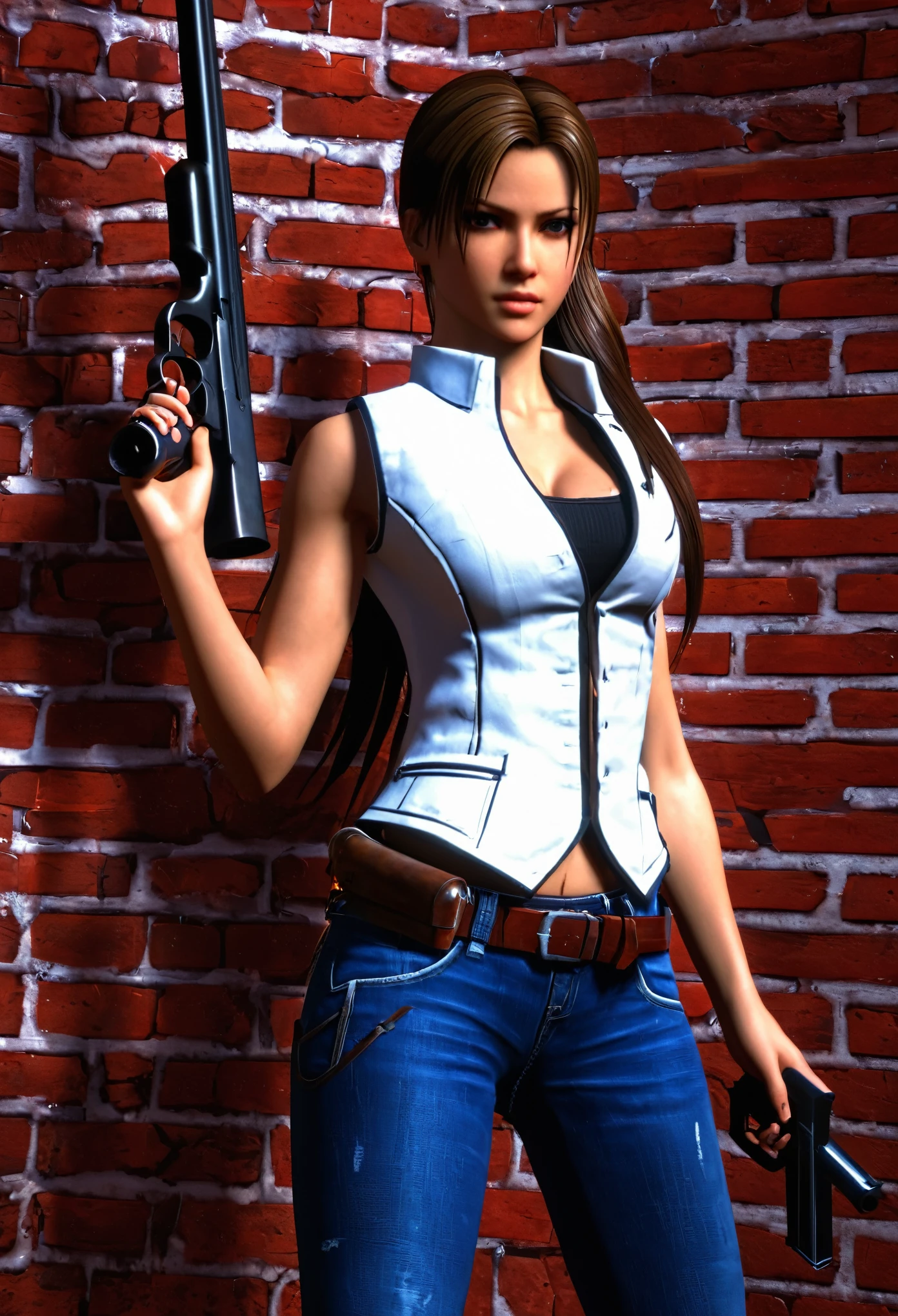 ponytailed long hair, 1 woman, re4leon, White vest, jeans, ((With a shotgun)), Volumetric Lighting, sports, Red brick wall background, best quality, masterpiece, Intricate details, Tone Mapping, Clear focus, Ultra Detailed, Popular on artstation, looking at the audience, Practical