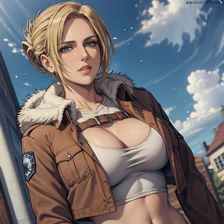 Annie Leonhart, (bestquality, masterpiece), AnnieAOT, solo, paradis_military_uniform, jacket, big breasts, plump, perfect body, badge, feathers, With the jacket open to the bottom, Big Breasts, only with the jacket on top, 