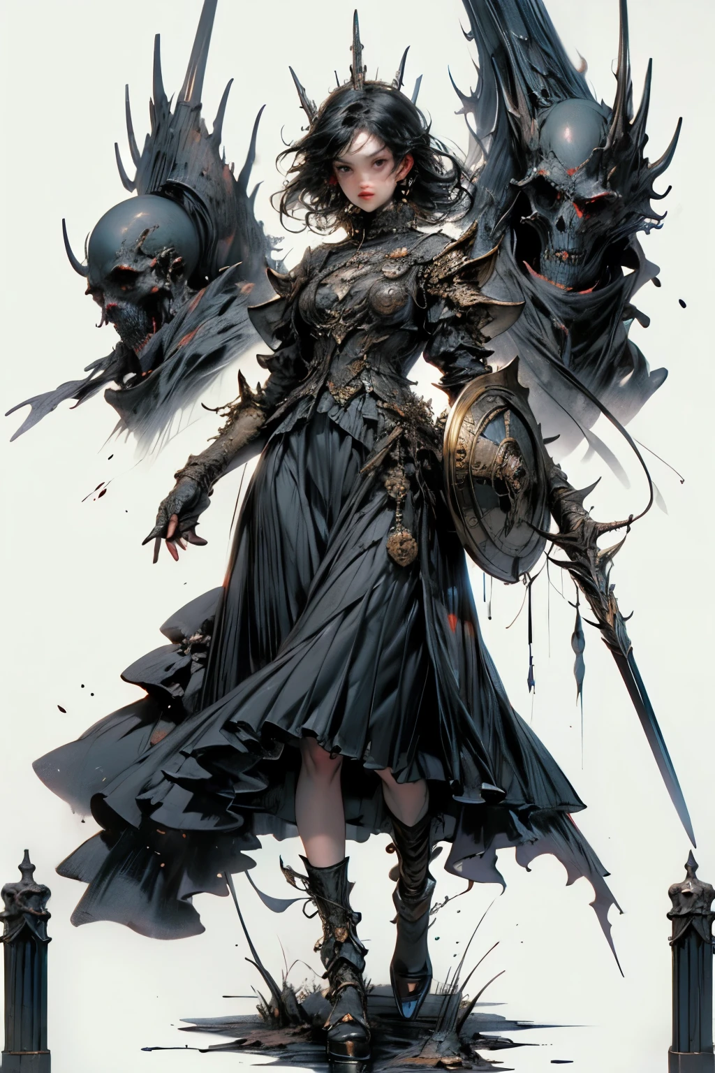 ((best quality)), ((masterpiece)), (detailed), perfect face ((best quality)), ((masterpiece)), (detailed), blank white background, plain background, white background, Bloodborne inspired,  occult aesthetic, occult, detailed and intricate steampunk and detailed gothic, NSFW, Very dramatic and cinematic lighting, cosmic horror, grim-dark, side-lighting, perfect face, a beaituful goddess adorned and enshrined in armour, Bloodborne inspired , occult aesthetic, occult, detailed and intricate steampunk and detailed gothic, wielding a sword and holding a shield, NSFW, Fluttering lace flared long knee length dress with frilly petticoats, knee length dress, pleated petticoats, lolita dress, petticoats gothic lolita, side-lighting, gothic lolita aesthetic, beautiful small breasts, small breasts, full body, whole body, body, plain background, white background, blank background, no background, white background NSFW, full body, whole body, head-to-toe