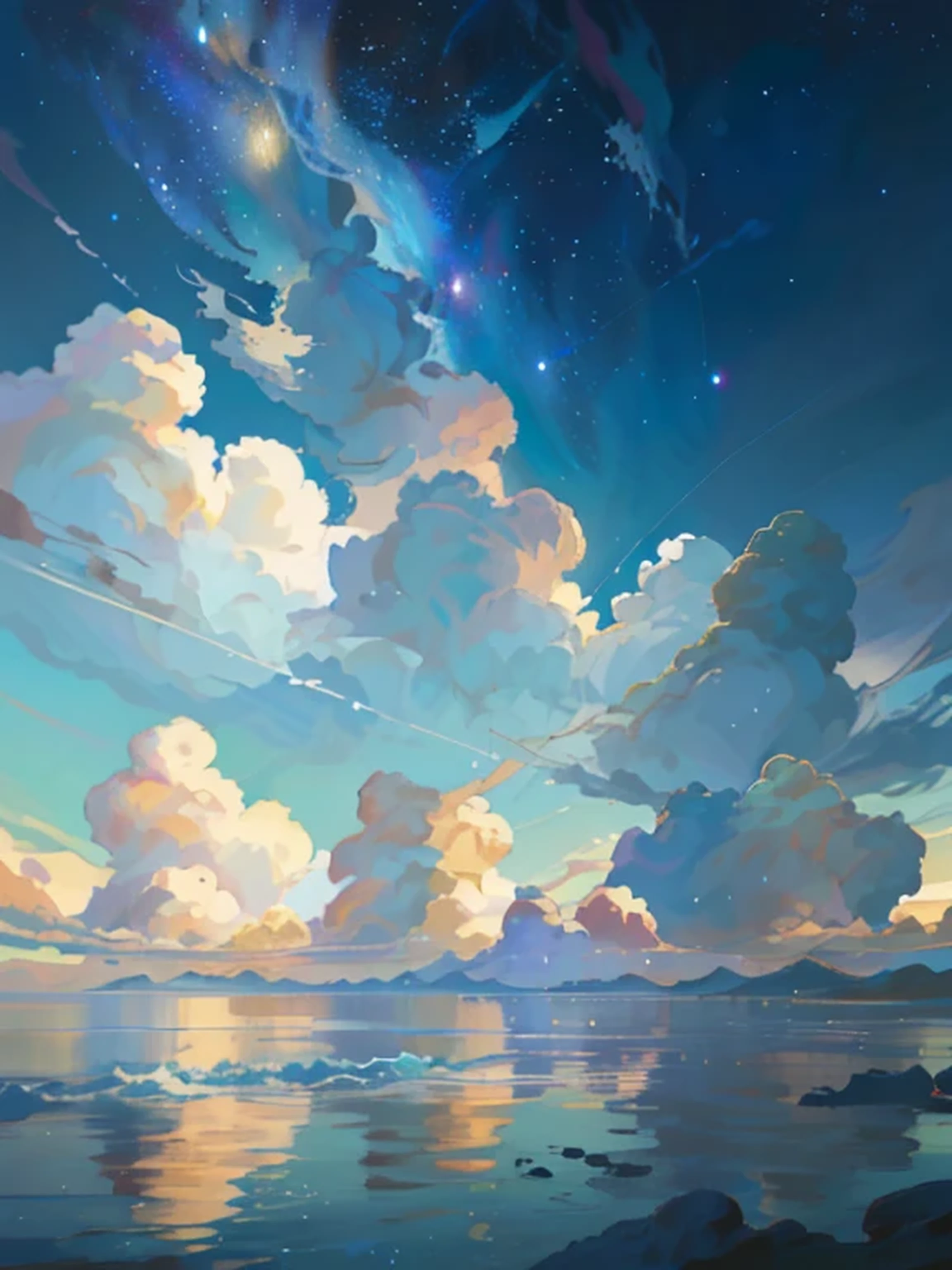 There is a picture of the sky with clouds and stars, Sea Space Sky. By Xin Haicheng, Anime sky, anime cloud, Blue Sea. Xin Haicheng, Xin Haicheng's style, Xin Haicheng's style, Tran. Inspired by landscape background, Xin Haicheng, Xin Haicheng. - H 2160, summer, Xin Haicheng concept art, tumblr, magic realism, Beautiful anime scene, Beautiful sky,Beautiful sandy beach，brisk，Lively. Xin Haicheng, ((Xin Haicheng)), Anime Background art, Anime Background, Xin Haicheng's style, Anime Background, Galaxy Express, no humans